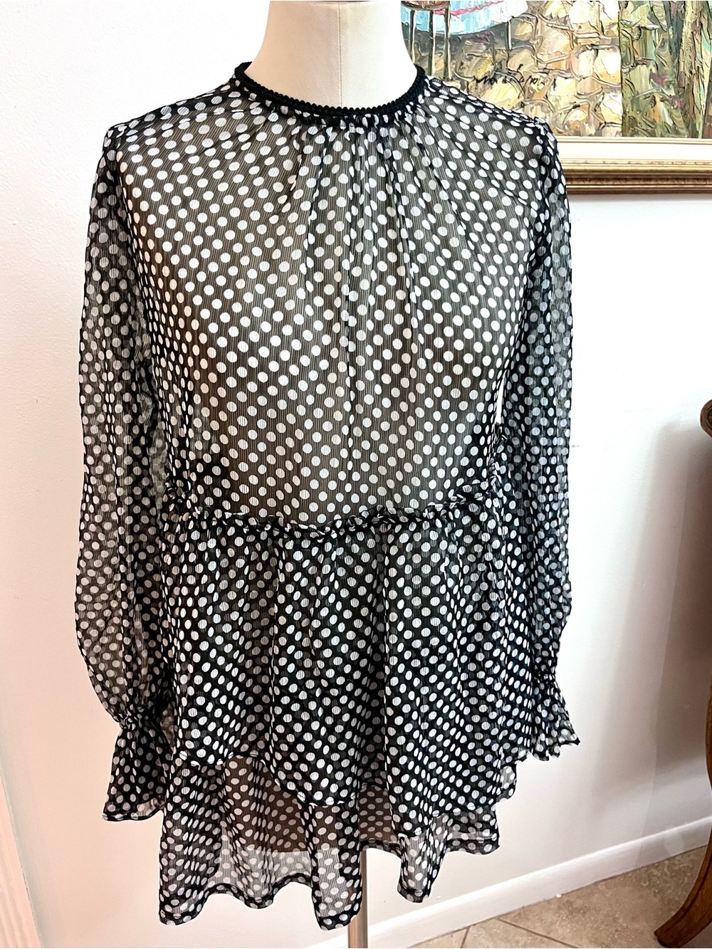 Who What Wear Black Sheer Polka Dot Blouse
